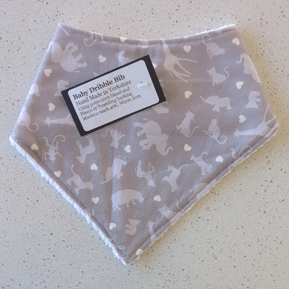 European Gray Safari Animal Print Baby Dribble Bib: koalas, giraffe, elephants
